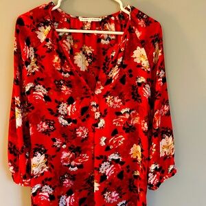 Violet & Claire Red With Floral Print Chiffon Peasant Blouse Size S